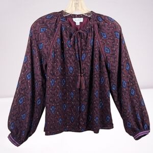 Allison NY Blouse Burgundy Boho Southwestern Print Button Up Front Tasse…